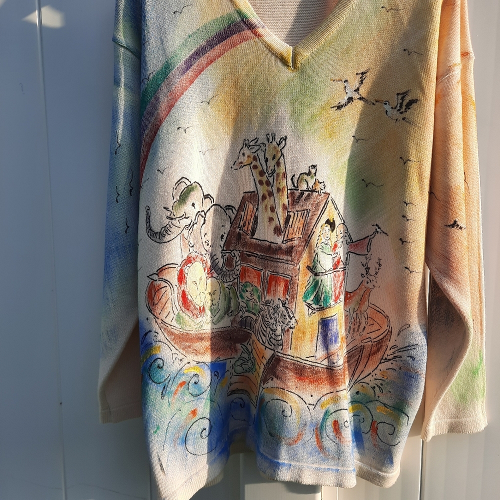 Vintage 90s Noah's Ark Painted Sweater by Marguerita | Made in USA | Size S / M